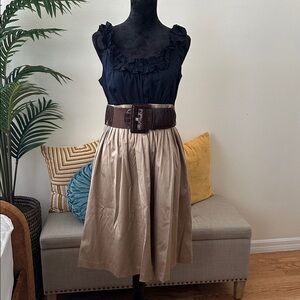 Navy and Khaki Tan Sleeveless Dress with Belt